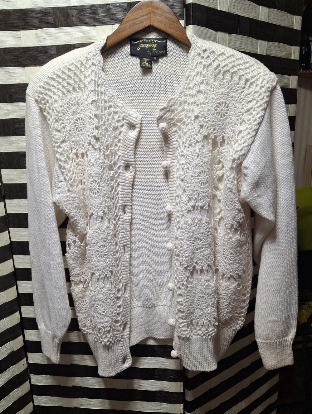 Vintage Jacquelyn by Browne Crochet Cardigan Sweater Ivory Button-Up Small - Picture 3 of 14